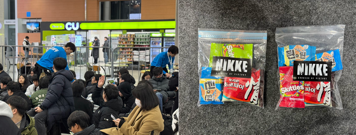 Attendees queuing before AGF booth opening, with NIKKE-branded Skittles and choco pie snack packs