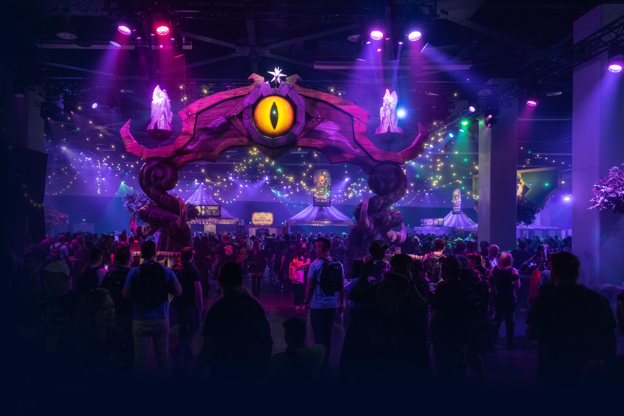 Blizzcon 2026 darkmoon faire picture: purple lights and an eye of monster as a door in the hall