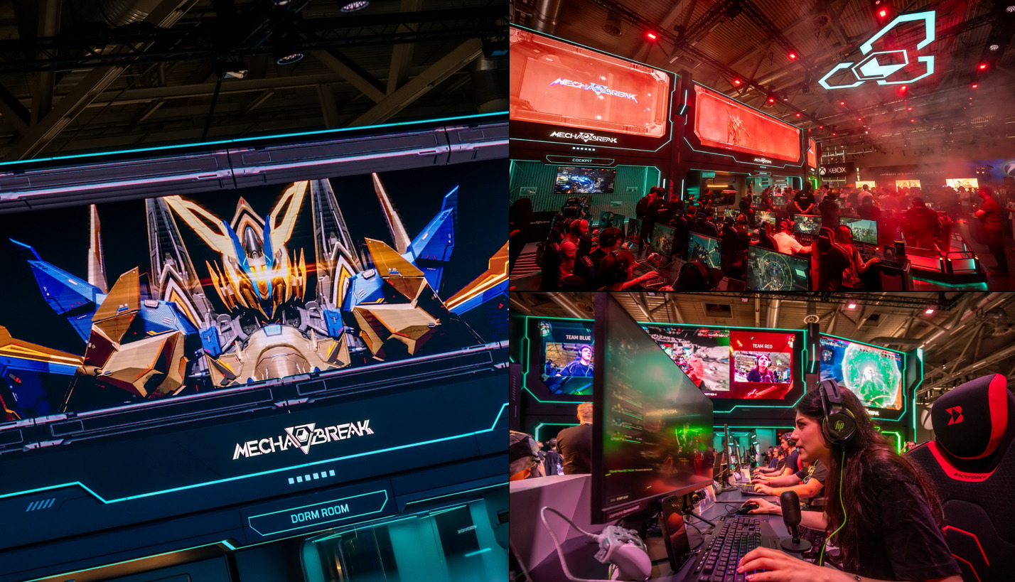 MechaBreak booth — character key art display, packed show floor, and esports gaming setup