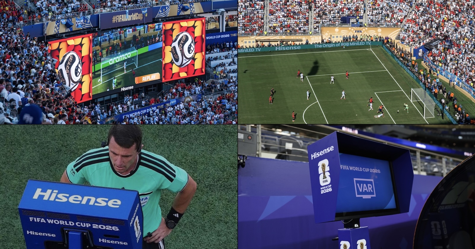 Hisense brand activation and display technology inside a FIFA World Cup 26 stadium environment.