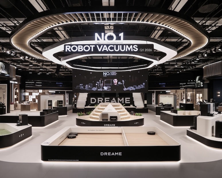 Dreame IFA 2026 exhibit design — central stage with No. 1 Robot Vacuums Q1 2026 signature installation.