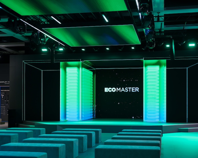 Kinetic LED stage designed by Eidetic as the master agency for Midea IFA 2026, highlighting the EcoMaster presentation area