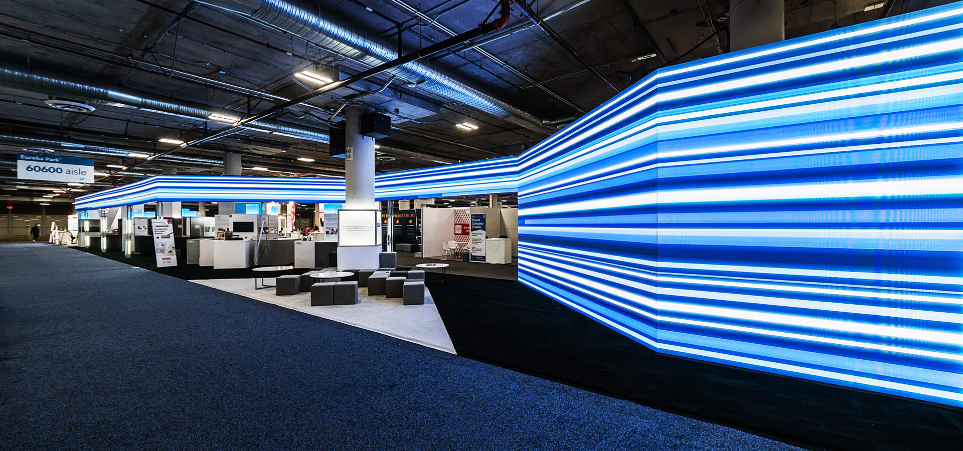POSCO CES 2023 pavilion with technology exhibits and networking space