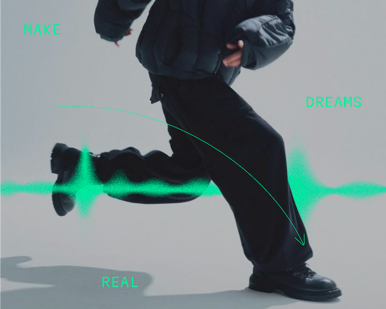 A Retopia Salon artist mid-movement with the brand's mint green waveform graphic cutting through the frame, overlaid with the words 'MAKE DREAMS REAL'.