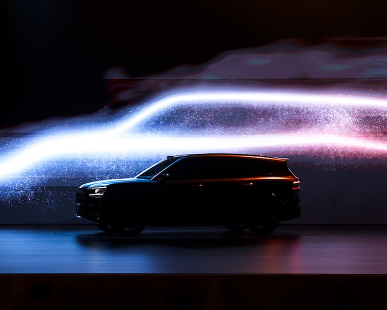 Silhouette of the ZEEKR 8X SUV against a dynamic LED backdrop with flowing light trails forming the vehicle’s outline.
