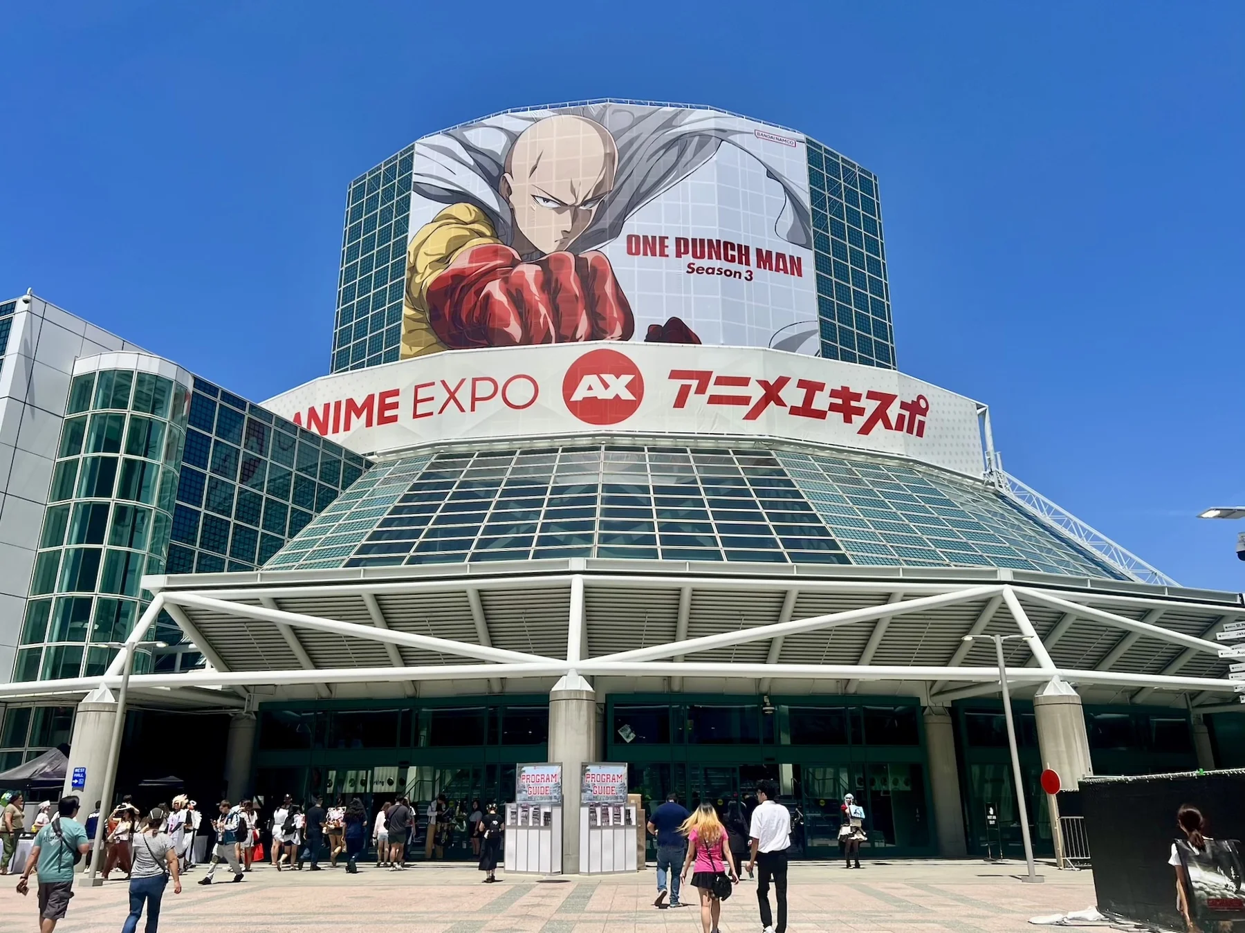 Los Angeles Convention Center exterior during Anime Expo with One Punch Man Season 3 billboard
