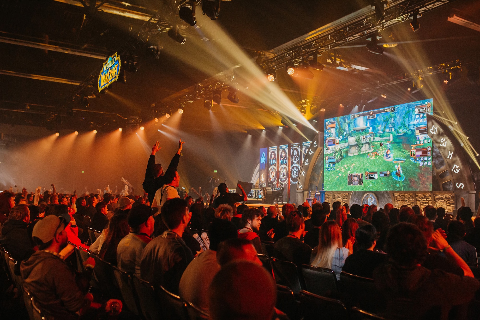 2019 blizzcon WOW championship esports live stream on the stage with big screens and lights and people