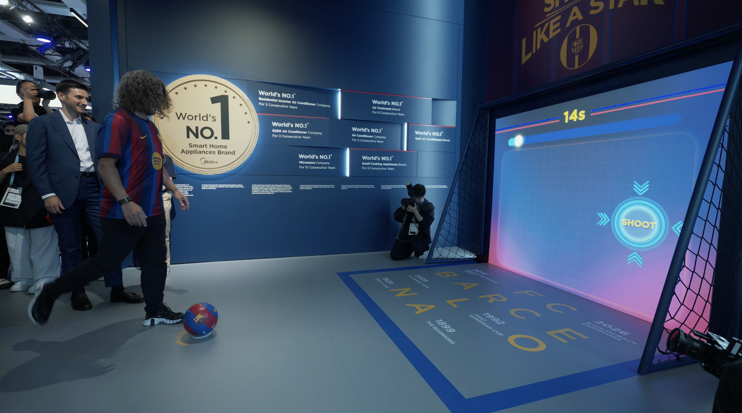Midea FC Barcelona Shoot Like a Star football activation at IFA 2026, featuring a timed target-shooting challenge.