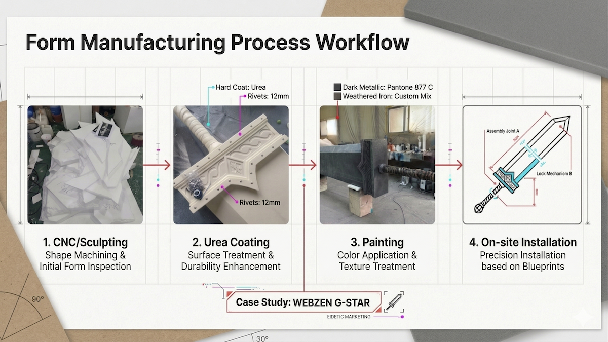Foam production process infographic for Webzen G-Star greatsword — CNC carving, urea coating, painting, and on-site installation