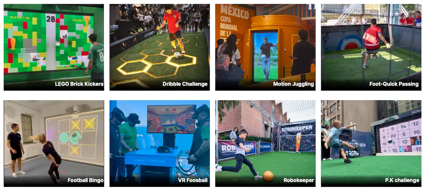Interactive football activation ideas including LEGO Brick Kickers, dribble challenge, motion juggling, foot-quick passing, football bingo, VR foosball, Robokeeper, and a penalty kick challenge.