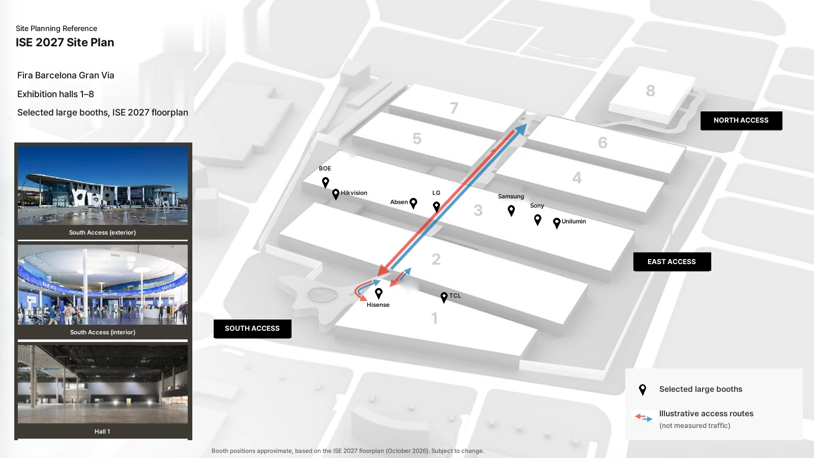 ISE exhibitor guide site plan for 2027: Fira Barcelona Gran Via halls, access points and selected large booths from the ISE 2027 floorplan