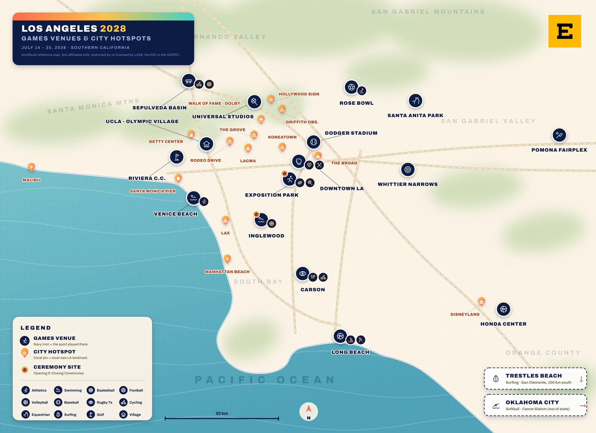 LA28 Olympic venues and major competition hotspots across Los Angeles and Southern California