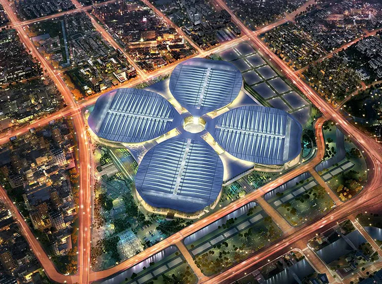 Aerial view of National Exhibition and Convention Center (NECC) in Shanghai, venue for Bilibili World, venue example in a global game exhibition guide