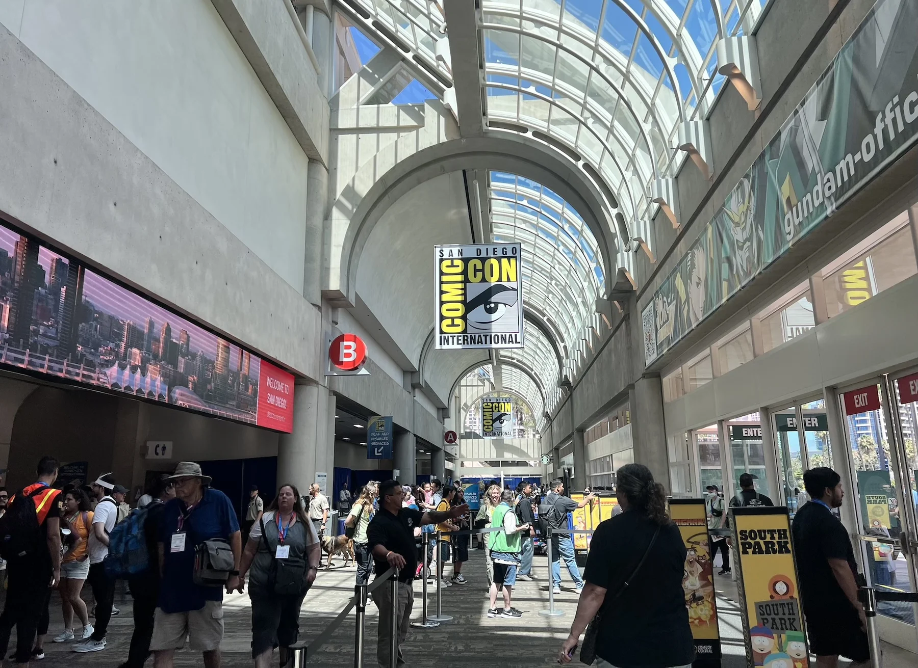 San Diego Comic-Con interior lobby corridor with exhibition hall signage