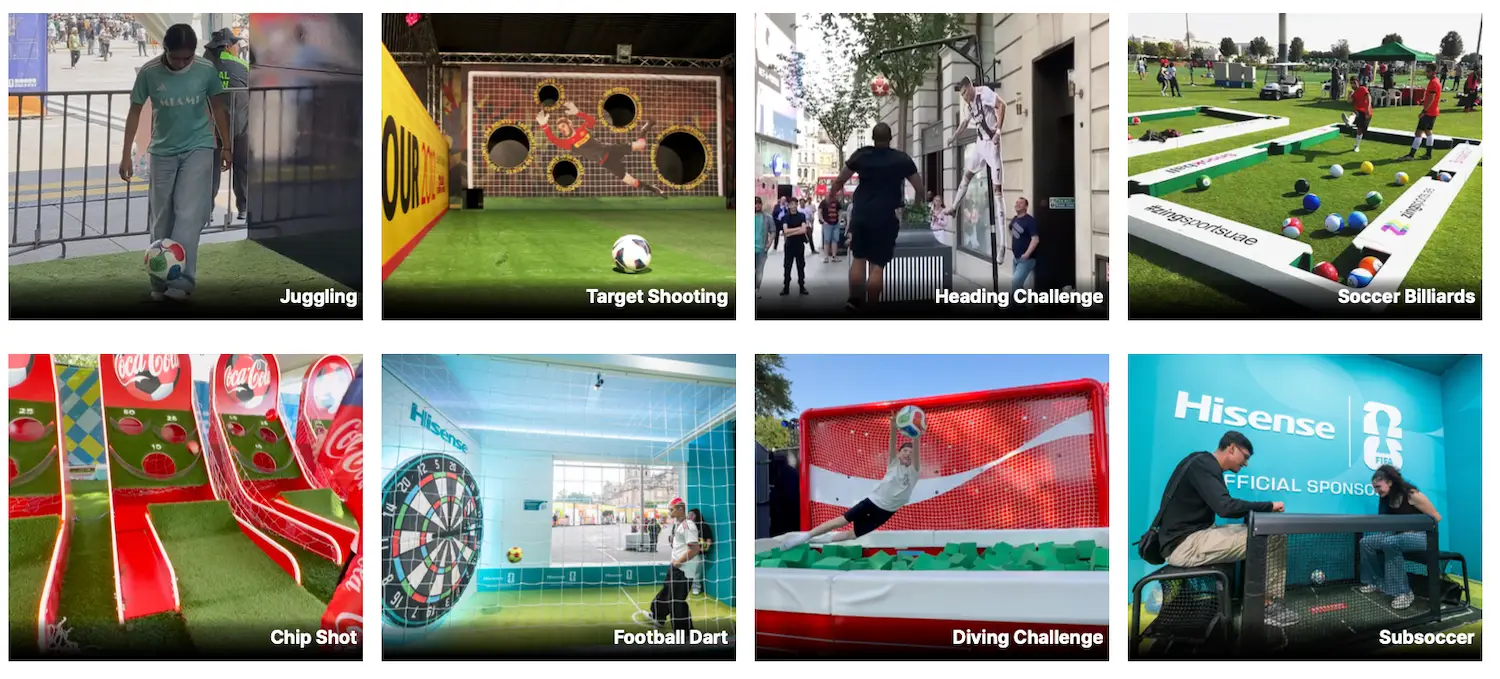 Traditional football activation ideas including juggling, target shooting, heading challenge, soccer billiards, chip shot, football darts, diving challenge, and Subsoccer.