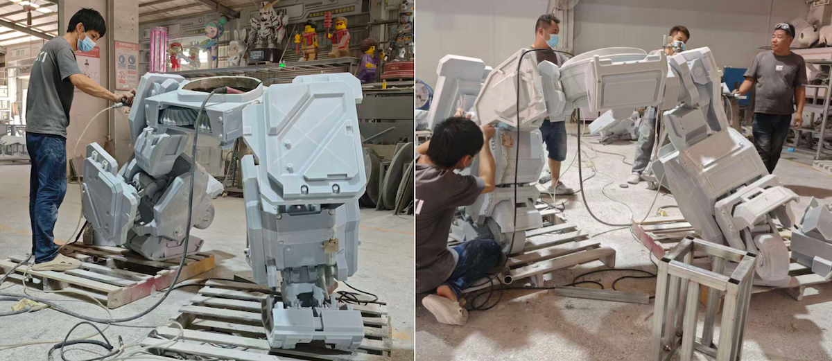 Workshop photos showing assembly stages of a large-scale 3D printed mechanical sculpture
