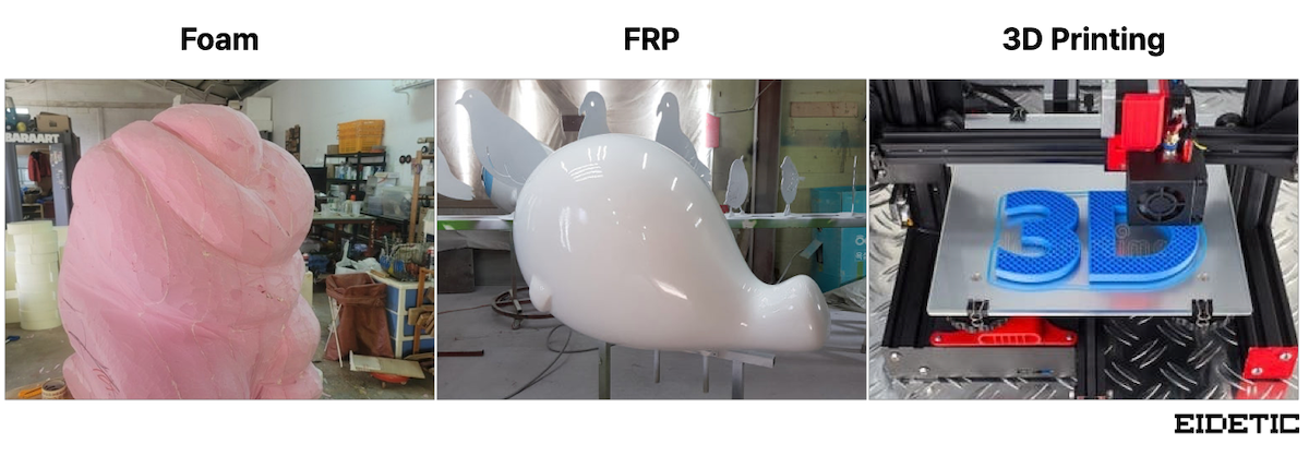 Three fabrication materials for game exhibition props — foam, FRP, and 3D printing — side by side comparison