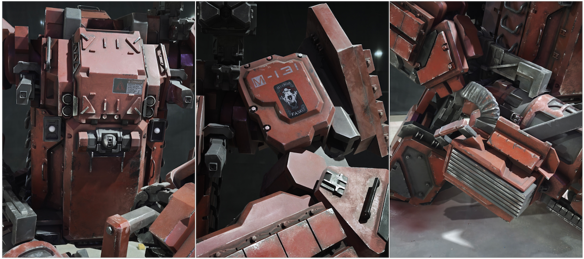 Close-up of weathering and grunge texture work on Sinder City Powerloader sculpture surface — simulating battle damage and wear
